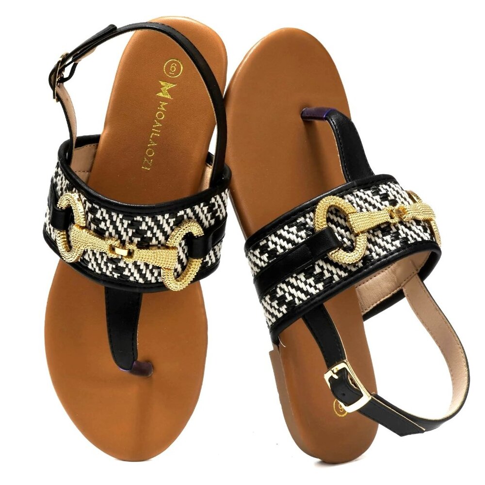 Moailaozi Size 9 Sandals Flat Open-Toe Black White Ankle Strap Memory Foam